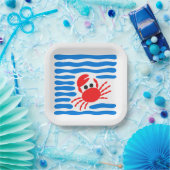 Cute Red Crab & Blue Waves Coastal Papieren Bordje (Feest)
