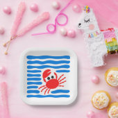 Cute Red Crab & Blue Waves Coastal Papieren Bordje (Feest)