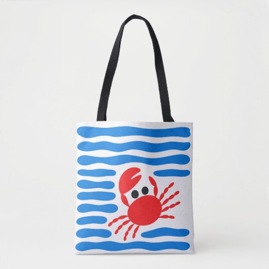 Cute Red Crab & Blue Waves Coastal Tote Bag (Voorkant)