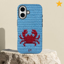 Cute Red Crochet Crab Yarn Custom Name Initials iPhone 16 Hoesje