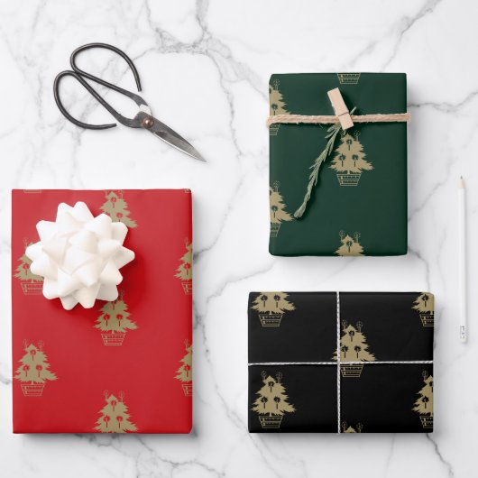 Cute red dark green Black Gold kerstbomen Inpakpapier Vel (Voorkant)