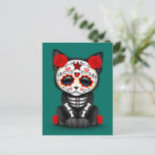 Cute Red Day of the Dead Kitten Cat, blauwgroen bl Briefkaart (Staand voorkant)