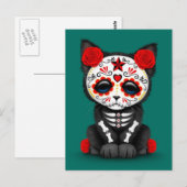 Cute Red Day of the Dead Kitten Cat, blauwgroen bl Briefkaart (Voorkant / Achterkant)