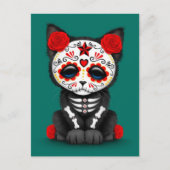 Cute Red Day of the Dead Kitten Cat, blauwgroen bl Briefkaart (Voorkant)