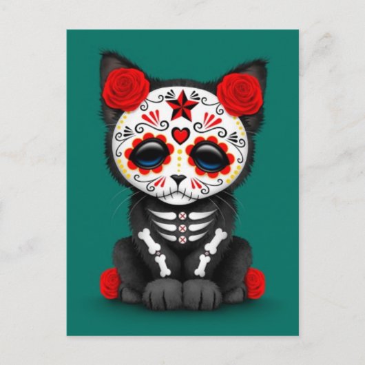 Cute Red Day of the Dead Kitten Cat, blauwgroen bl Briefkaart (Voorkant)