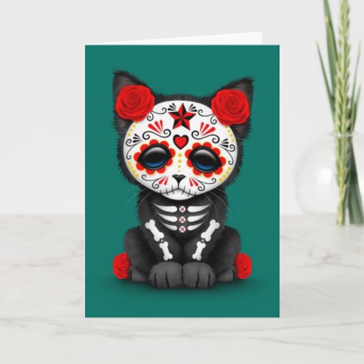 Cute Red Day of the Dead Kitten Cat, blauwgroen bl Kaart (Voorkant)