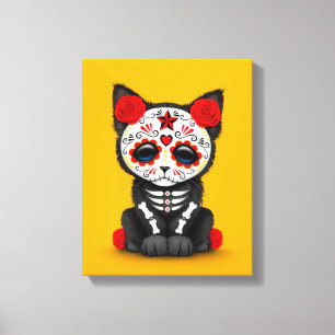 Cute Red Day of the Dead Kitten Cat, geel Canvas Afdruk