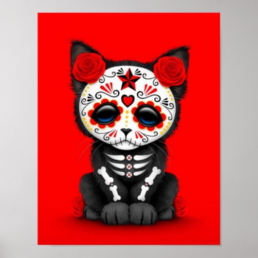 Cute Red Day of the Dead Kitten Cat, red Poster (Voorkant)