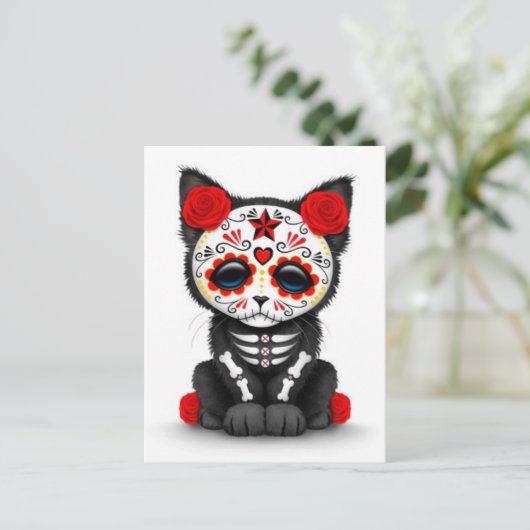 Cute Red Day of the Dead Kitten Cat, white Briefkaart (Staand voorkant)