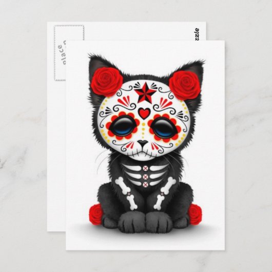 Cute Red Day of the Dead Kitten Cat, white Briefkaart (Voorkant / Achterkant)