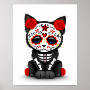 Cute Red Day of the Dead Kitten Cat, white Poster