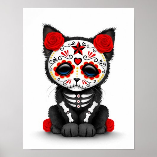 Cute Red Day of the Dead Kitten Cat, white Poster (Voorkant)
