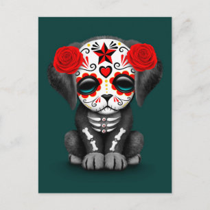 Cute Red Day of the Dead Puppy Dog Blauwgroen Briefkaart