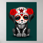 Cute Red Day of the Dead Puppy Dog Blauwgroen Poster (Voorkant)