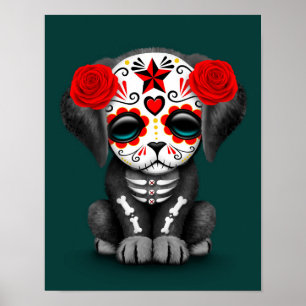 Cute Red Day of the Dead Puppy Dog Blauwgroen Poster