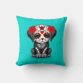 Cute Red Day of the Dead Puppy Dog Blue Kussen