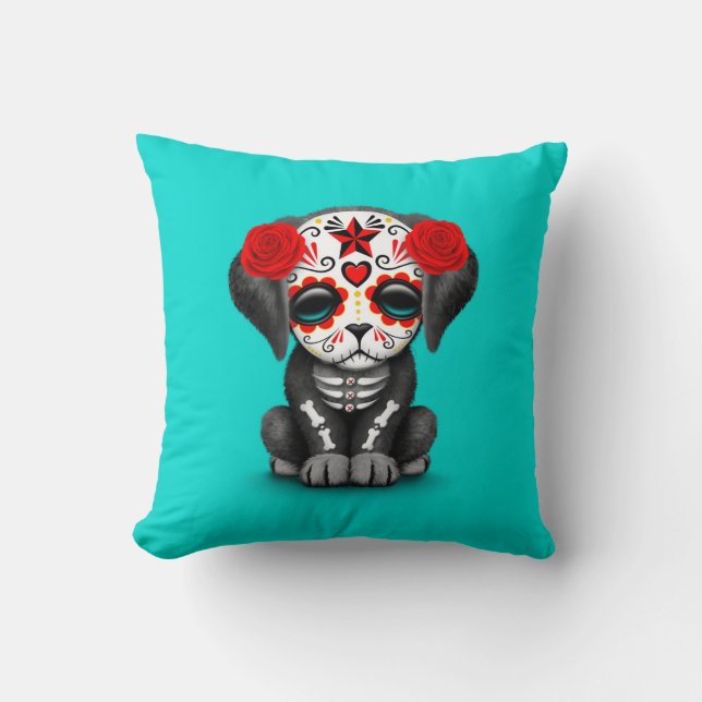 Cute Red Day of the Dead Puppy Dog Blue Kussen (Voorkant)