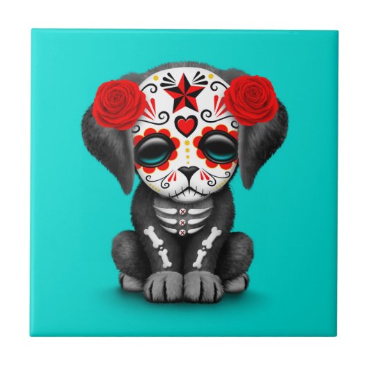 Cute Red Day of the Dead Puppy Dog Blue Tegeltje (Voorkant)