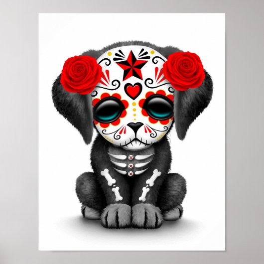 Cute Red Day of the Dead Puppy Dog White Poster (Voorkant)