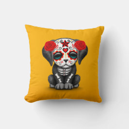 Cute Red Day of the Dead Puppy Dog Yellow Kussen