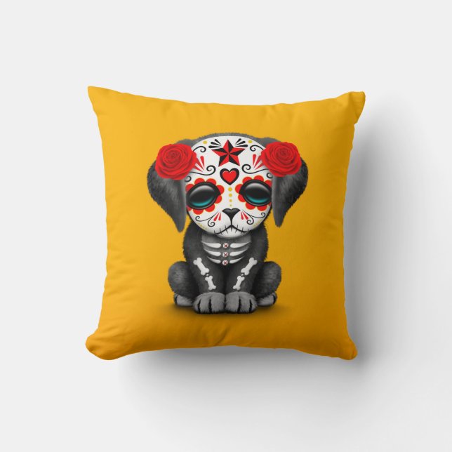 Cute Red Day of the Dead Puppy Dog Yellow Kussen (Voorkant)