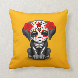 Cute Red Day of the Dead Puppy Dog Yellow Kussen