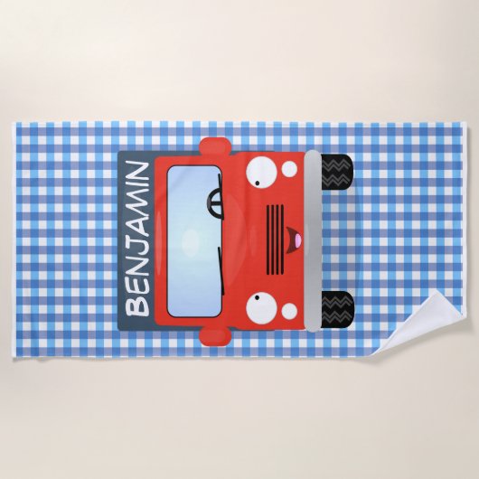 Cute red delivery truck cartoon illustration strandlaken (Voorkant)