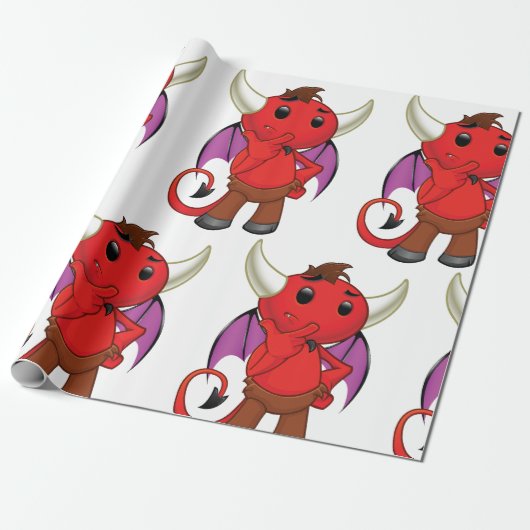 Cute Red Devil Character Thinking Mischievous Cadeaupapier (Uitgerold)