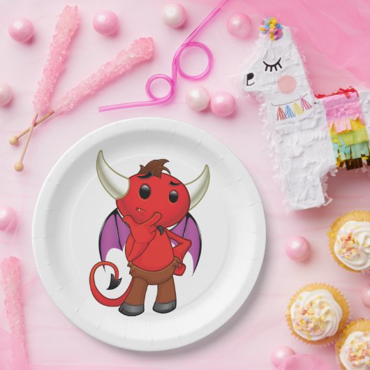 Cute Red Devil Character Thinking Mischievous Papieren Bordje (Feest)