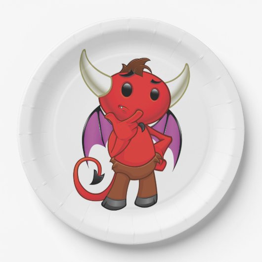Cute Red Devil Character Thinking Mischievous Papieren Bordje (Voorkant)