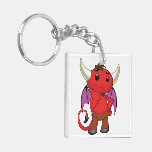 Cute Red Devil Character Thinking Mischievous Sleutelhanger (Voorkant Links)