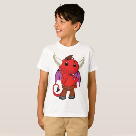 Cute Red Devil Character Thinking Mischievous T-shirt (Voorkant volledig)