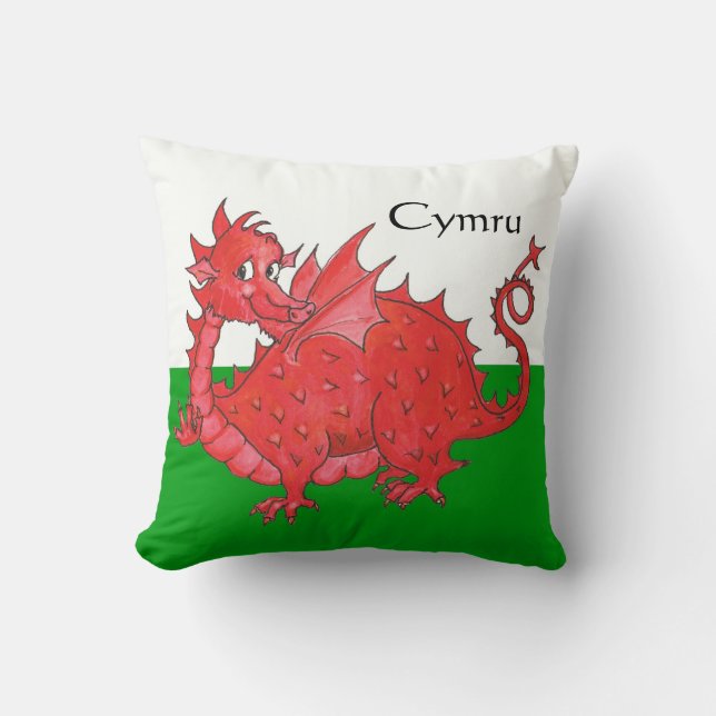 Cute Red Dragon, Green and White Pillow of Cushion Kussen (Voorkant)