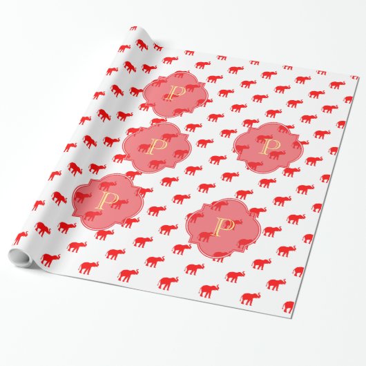 Cute red elephant monogram cadeaupapier (Uitgerold)