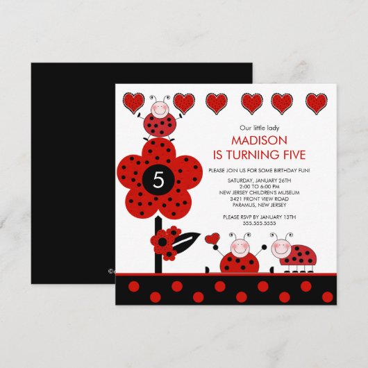 Cute Red en Black Ladybug Birthday Invitation Kaart (Voorkant / Achterkant)