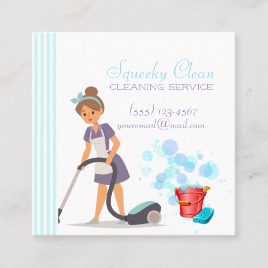 Cute Red en Blue Striped Cleaning Service Maid Vierkante Visitekaartje (Voorkant)