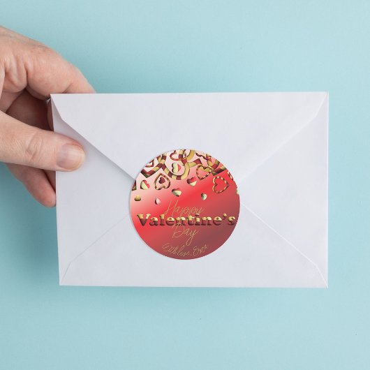 Cute Red en Gold Striped Hearts Valentijnsdag Ronde Sticker