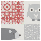 Cute Red en Gray Woodland Animals Patchwork Stof (Close Up)
