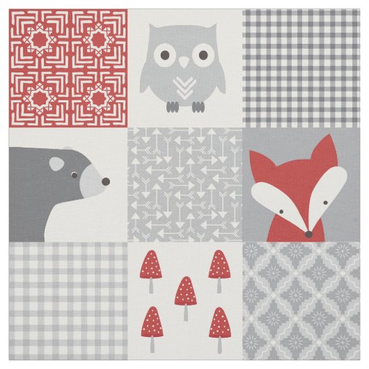 Cute Red en Gray Woodland Animals Patchwork Stof (Swatch)
