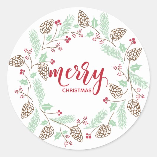 Cute Red en Green Pine en Holly Kerstmis Ronde Sticker (Voorkant)