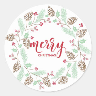 Cute Red en Green Pine en Holly Kerstmis Ronde Sticker