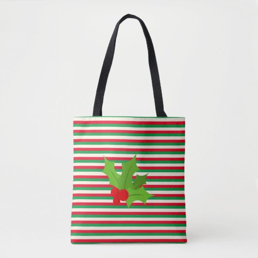 Cute Red en Green Stripe Holly Kerstmis Tote Bag (Voorkant)