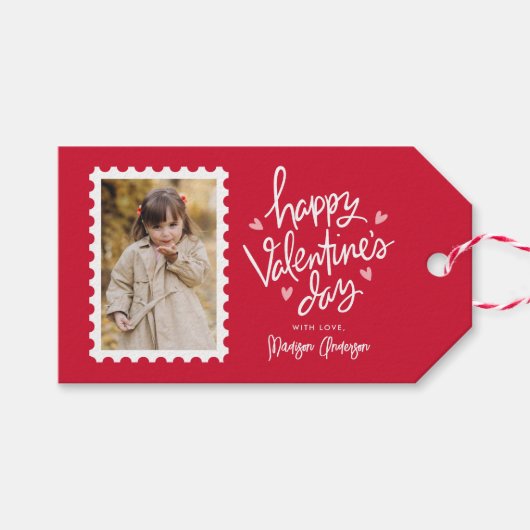 Cute Red en Roze Hearts Photo Valentijnsdag Cadeaulabel (Voorkant (Horizontaal))