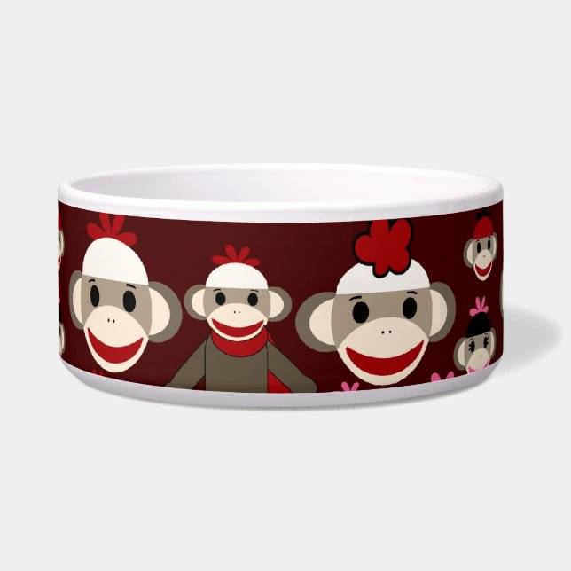 Cute Red en Roze Socket Monkeys Collage Pattern Voerbakje (Voorkant)