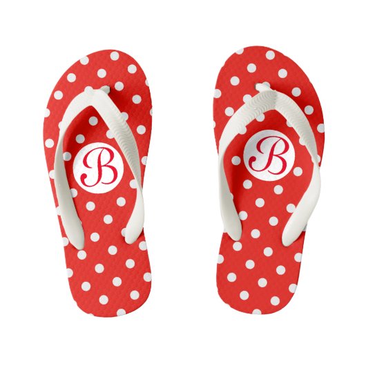 Cute Red en White Polka Dots Monogram Kinder Teenslippers (Voetbed)