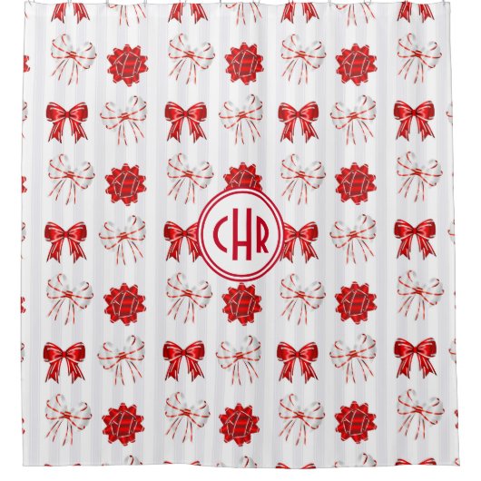Cute Red en White Ribbon | Witte achtergrond Douchegordijn (Voorkant)