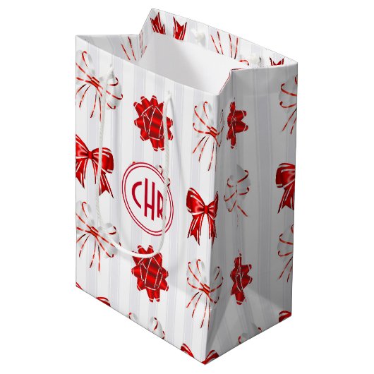 Cute Red en White Ribbon | Witte achtergrond Medium Cadeauzakje (Voorkant Gekanteld)