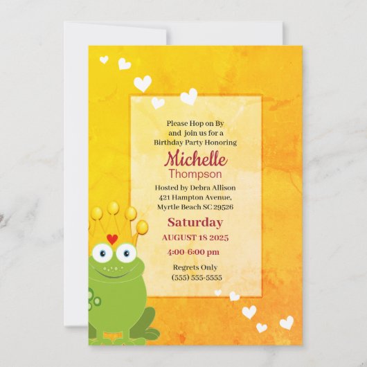 Cute Red en Yellow Princess Frog Birthday Kaart (Voorkant)