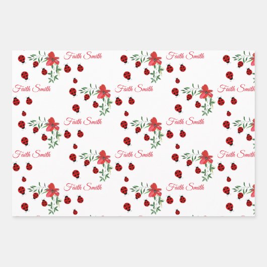 Cute Red en zwarte Ladybugs | Waterverf bloemen Inpakpapier Vel (Voorkant)