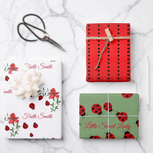 Cute Red en zwarte Ladybugs | Waterverf bloemen Inpakpapier Vel (Voorkant)